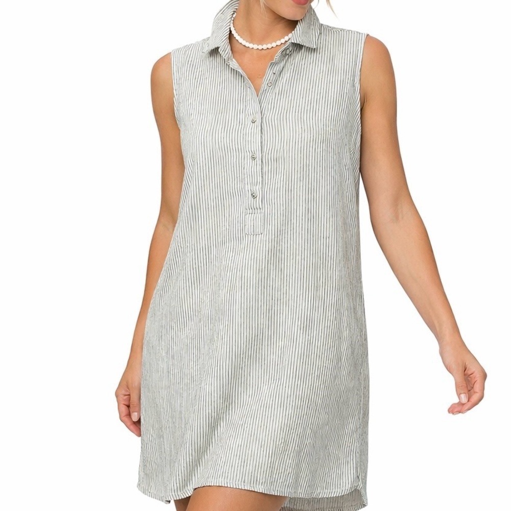 Tahari 100% Linen Dress Henley Shirt w Collar Coastal Cottage Beige Black-pin 1X